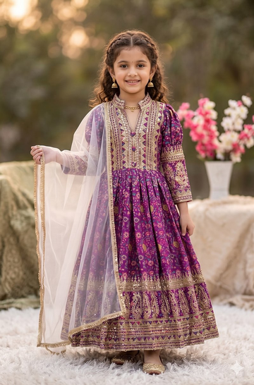 Evanik Purple Kids Chinon Silk Digital Print With Embroidered Work Wedding Gown - Dista