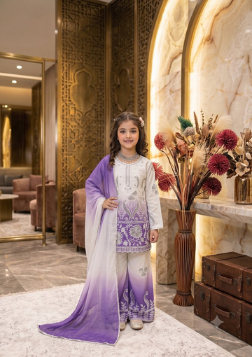 Evanik Purple Designer Party Wear Heavy Natural Crepe Kids Top Palazzo & Dupatta Set - Dista