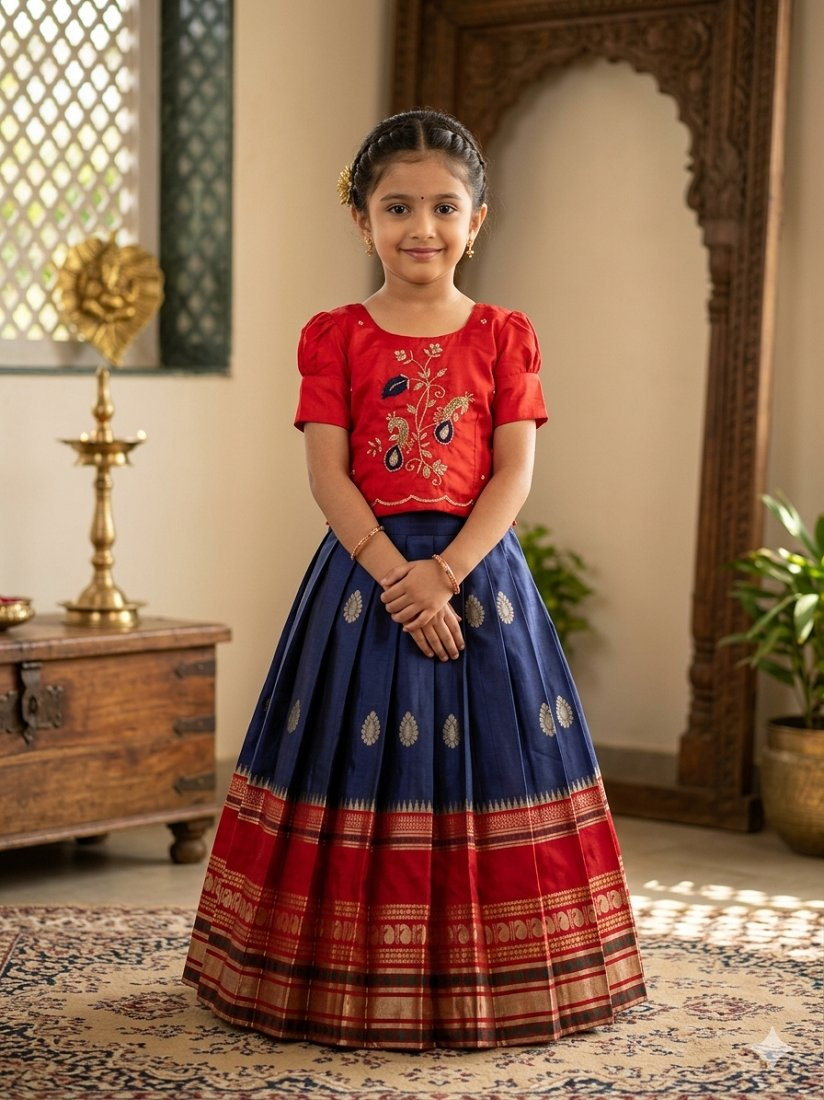Evanik Red Kids Silk Zari Weaving Work Lehenga Choli - Dista