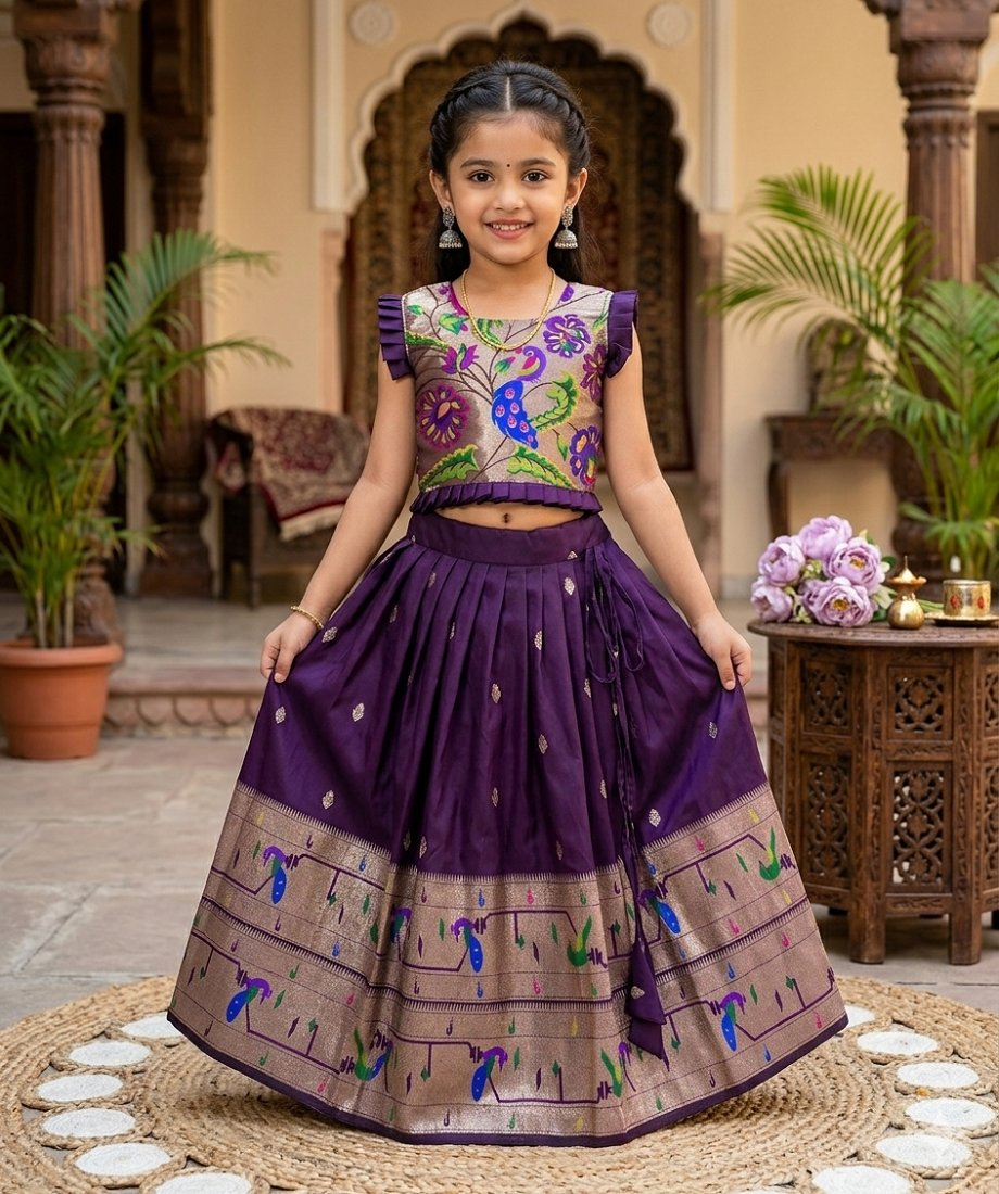 Evanik Designer Wine Soft Silk Paithani Design Lehenga Choli For Girls-Party & Ethnic Wear - Dista