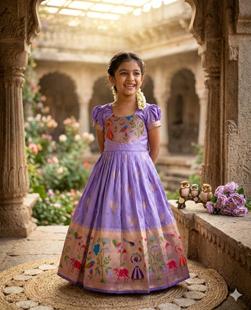 Evanik Purple Soft Paithani Silk Zari Weaving Birds Pattern Kids Gown - Dista