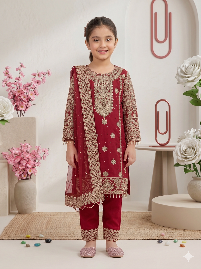 Evanik Elegant Maroon Georgette Embroidered Work Girls' Salwar Suit Set - Dista