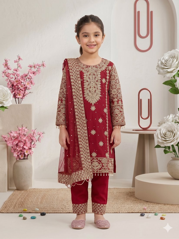Evanik Elegant Maroon Georgette Embroidered Work Girls' Salwar Suit Set - Dista