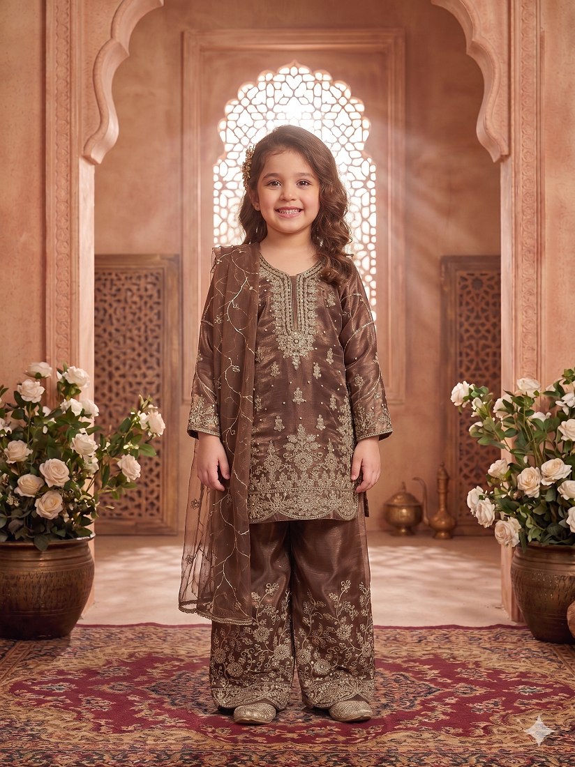 Evanik Brown Designer Wedding Embroidered Work Kids Palazzo Set - Dista