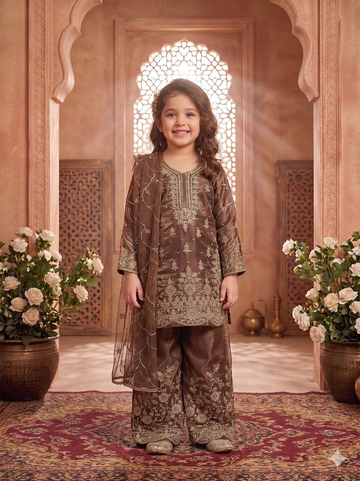 Evanik Brown Designer Wedding Embroidered Work Kids Palazzo Set - Dista