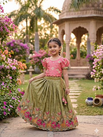 Evanik Pink Space Silk Elephant Mission Embroidered Work Kids Lehenga Choli Set - Dista