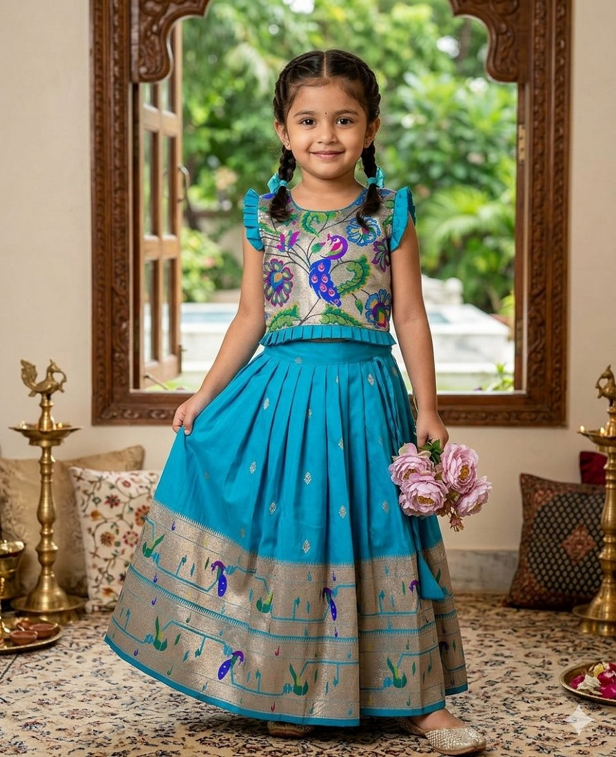 Evanik Designer Firozi Blue Soft Silk Paithani Design Lehenga Choli For Girls-Party & Ethnic Wear - Dista