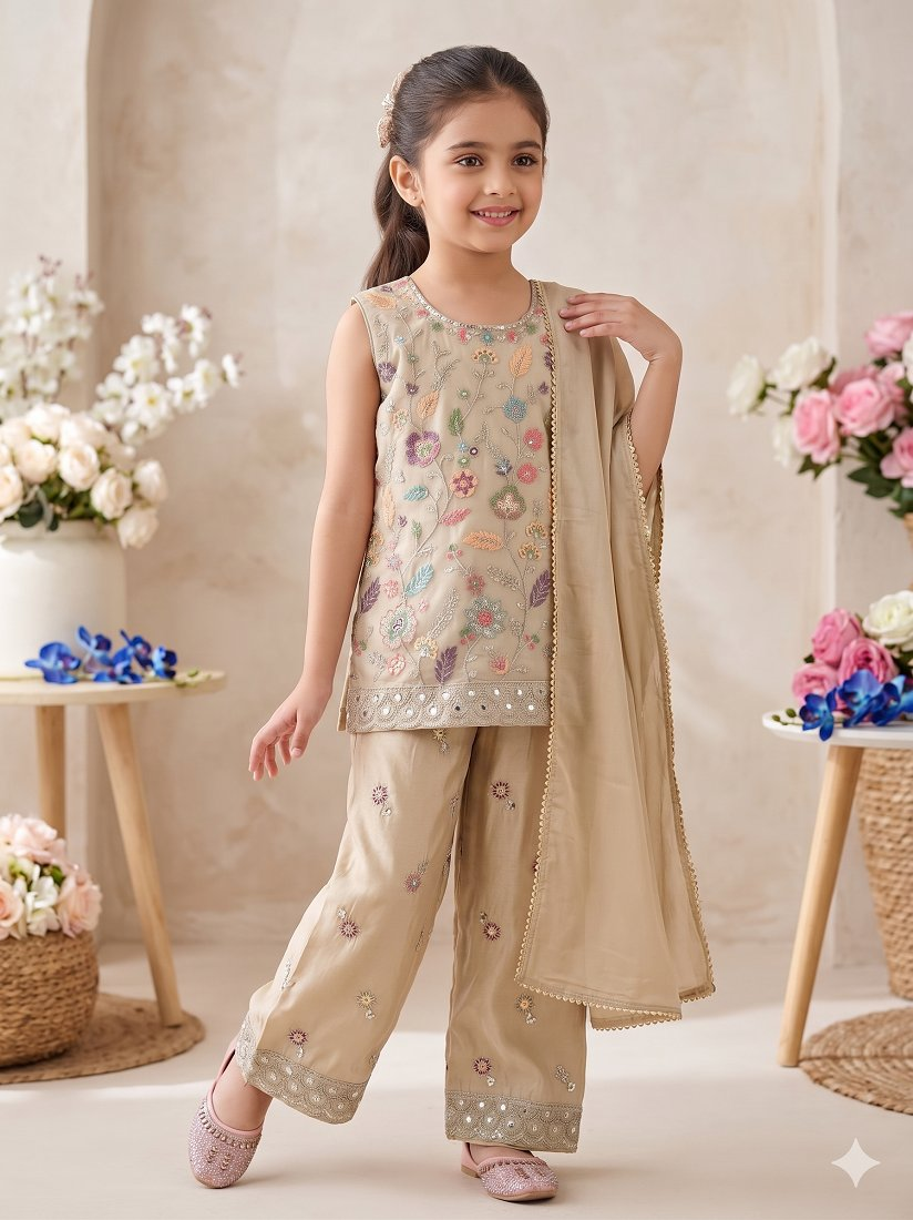 Evanik Girls' Beige Embroidered Kurta With Palazzos & Dupatta Set - Ethnic Festive Wear - Dista