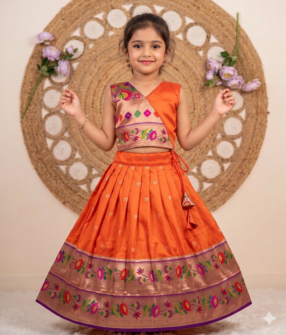 Evanik Orange Kids Paithani Silk Lotus Pattern Lehenga Choli - Dista