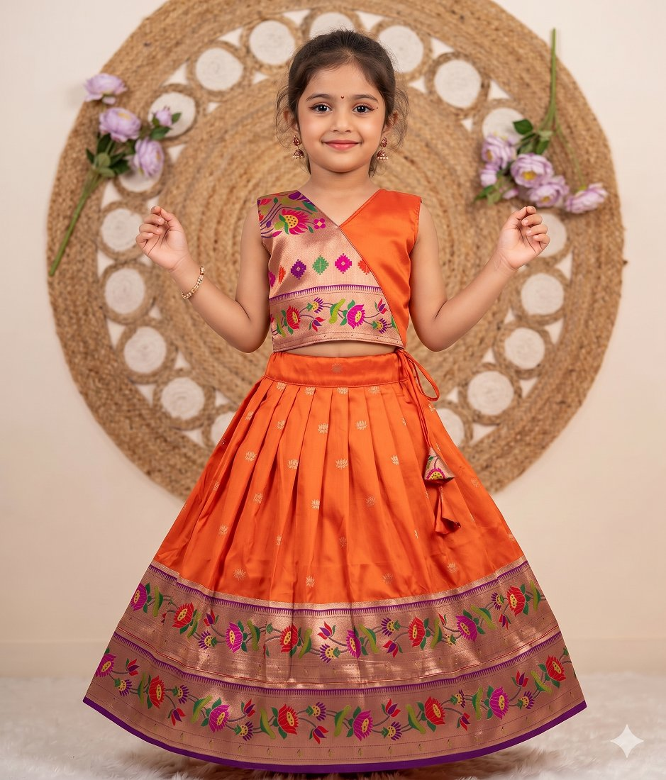 Evanik Orange Kids Paithani Silk Lotus Pattern Lehenga Choli - Dista