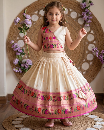 Evanik White Kids Paithani Silk Lotus Pattern Lehenga Choli - Dista