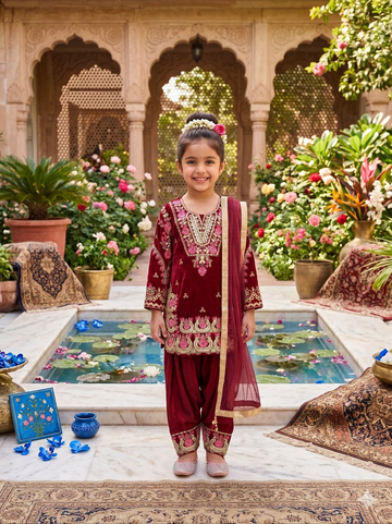 Evanik Maroon Girls Maroon Silk Embroidered Kurta Farshi Palazzo Set With Dupatta - Festive Wear - Dista