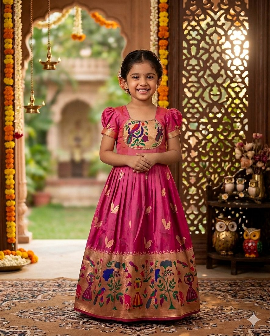 Evanik Pink Soft Paithani Silk Zari Weaving Birds Pattern Kids Gown - Dista