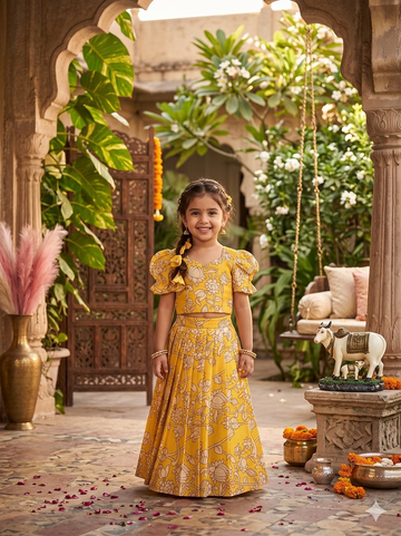 Evanik Yellow Kota Chex Fabric With Floral Printed Kids Lehenga Choli - Dista