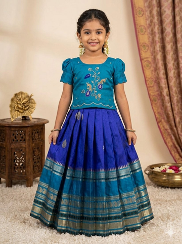 Evanik Blue Kids Silk Zari Weaving Work Lehenga Choli - Dista