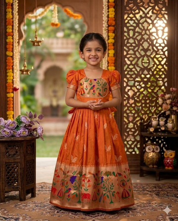 Evanik Orange Soft Paithani Silk Zari Weaving Birds Pattern Kids Gown - Dista