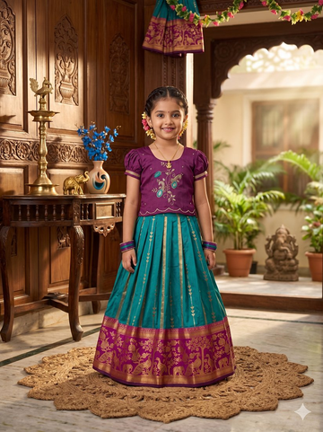 Evanik Teal Purple Pure Silk Zari With Heavy Maggam Work Lehenga Choli for Kids - Dista