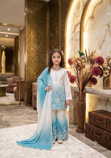 Evanik Sky Blue Designer Party Wear Heavy Natural Crepe Kids Top Palazzo & Dupatta Set - Dista