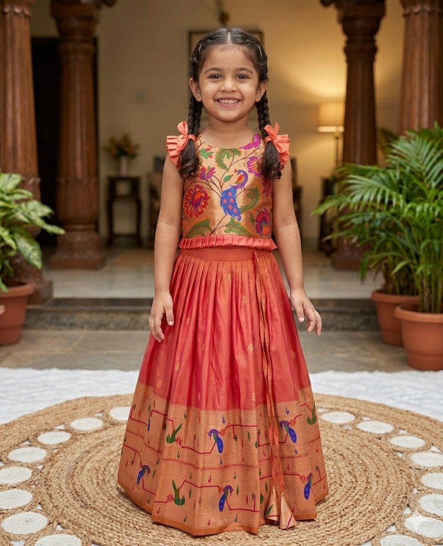 Evanik Designer Coral Pink Soft Silk Paithani Design Lehenga Choli For Girls-Party & Ethnic Wear - Dista