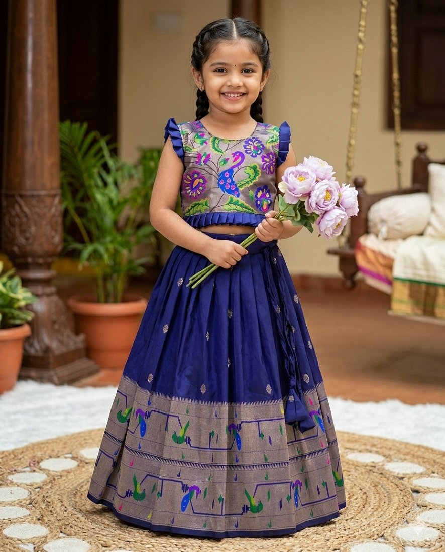 Evanik Designer Navyblue Soft Silk Paithani Design Lehenga Choli For Girls-Party & Ethnic Wear - Dista
