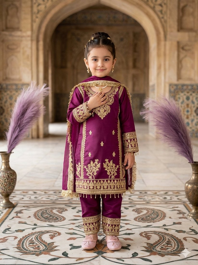 Evanik Purple Designer Party Wear Heavy Silk Kids Top Pant & Dupatta Set - Dista