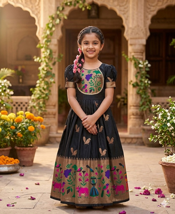 Evanik Black Soft Paithani Silk Zari Weaving Birds Pattern Kids Gown - Dista