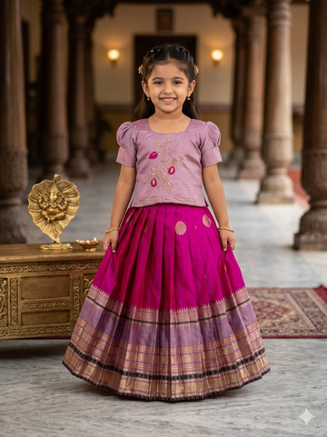 Evanik Purple Kids Silk Zari Weaving Work Lehenga Choli - Dista