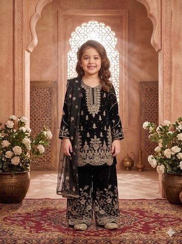 Evanik Black Designer Wedding Embroidered Work Kids Palazzo Set - Dista
