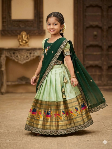 Evanik Green Kids Paithani Simmer Silk Zari Weaving Pavadai Lehenga Choli Set - Dista
