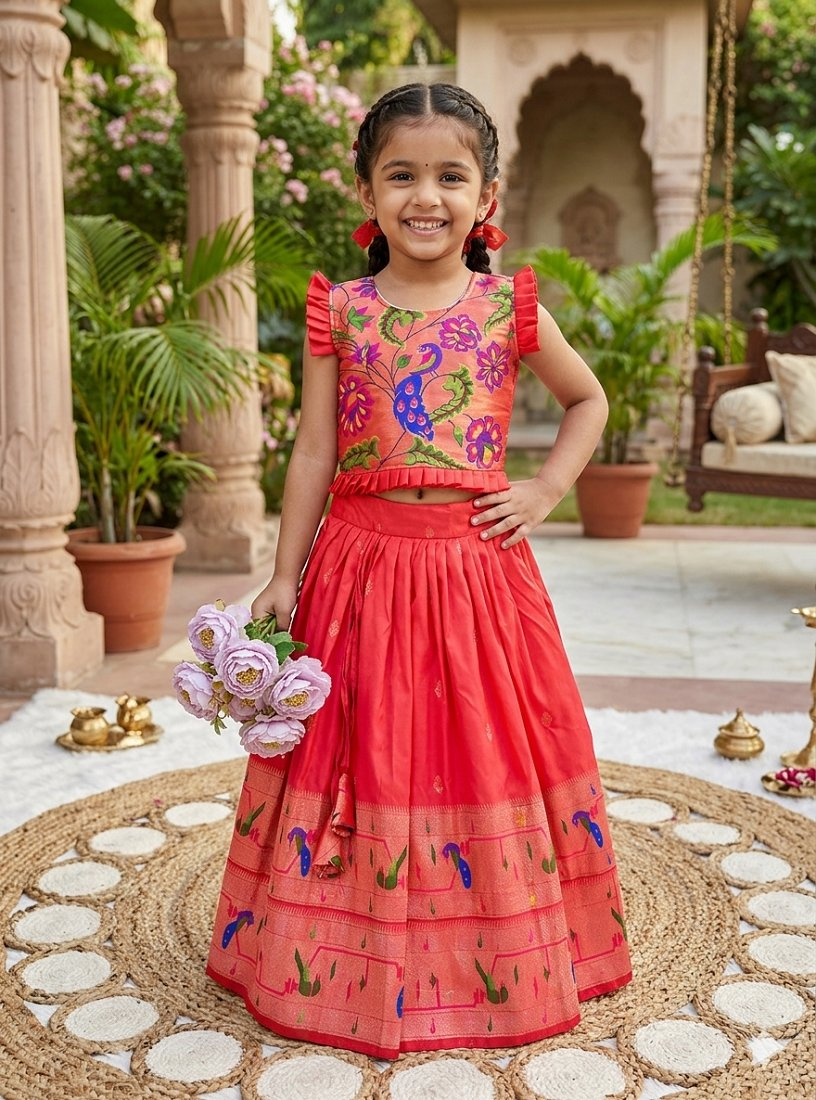 Evanik Designer Red Soft Silk Paithani Design Lehenga Choli For Girls-Party & Ethnic Wear - Dista