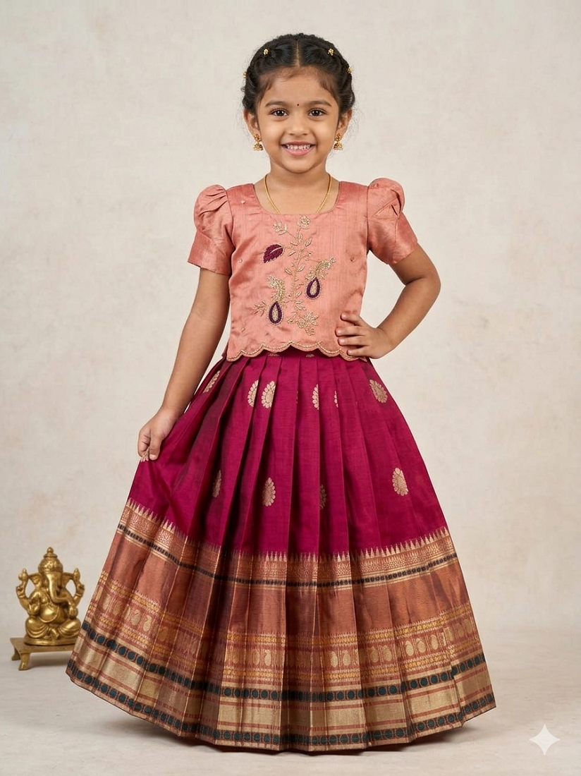 Evanik Peach Kids Silk Zari Weaving Work Lehenga Choli - Dista