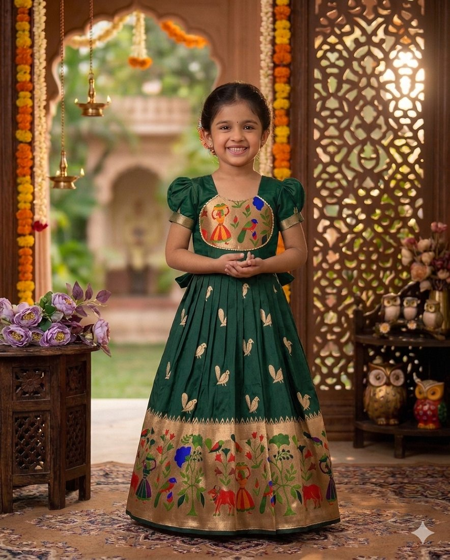 Evanik Green Soft Paithani Silk Zari Weaving Birds Pattern Kids Gown - Dista