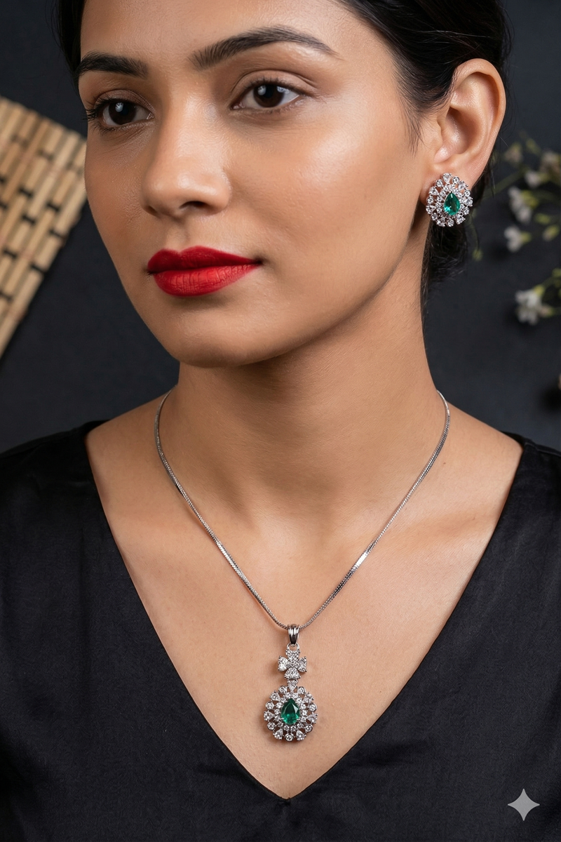 Vastrabhushan Cubic Zirconia Pendant Set: White Gold Plated Indian Jewelry - Dista