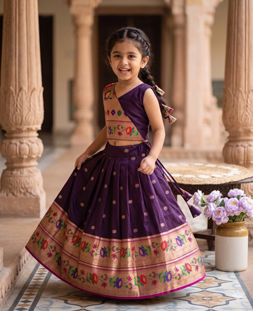 Evanik Purple Kids Paithani Silk Lotus Pattern Lehenga Choli - Dista