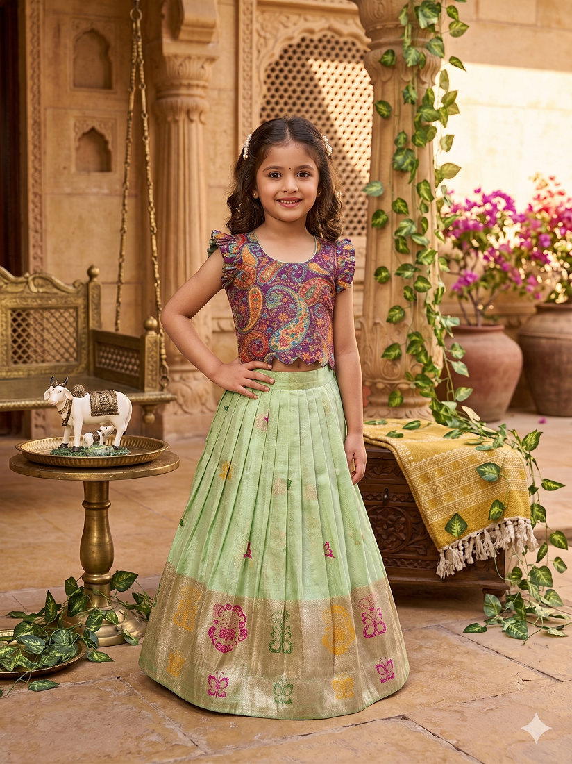 Evanik Girls Sea Green Soft tissue Butterfly Print Lehenga Choli with 3D Weaving Work - Dista