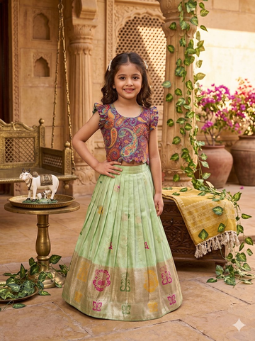 Evanik Girls Sea Green Soft tissue Butterfly Print Lehenga Choli with 3D Weaving Work - Dista