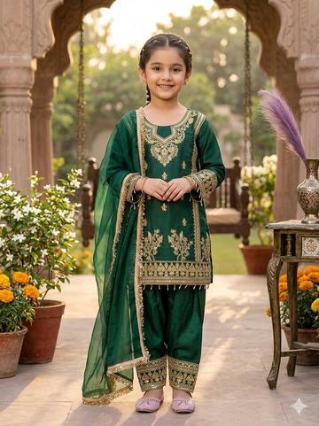 Evanik Green Designer Party Wear Heavy Silk Kids Top Pant & Dupatta Set - Dista