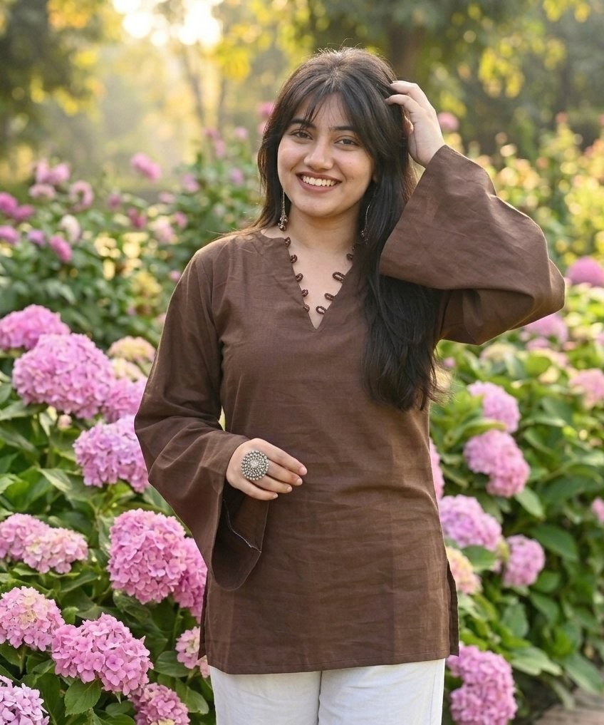 Jaitra Apparels Pure Cotton Solid Brown Kurti with Back Dori - Dista