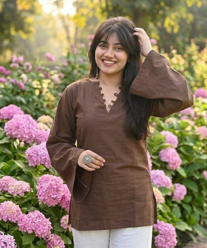 Jaitra Apparels Pure Cotton Solid Brown Kurti with Back Dori - Dista