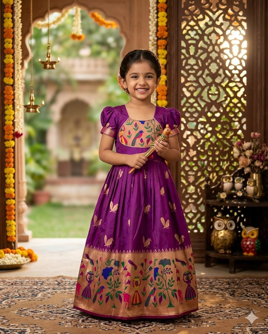 Evanik Purple Soft Paithani Silk Zari Weaving Birds Pattern Kids Gown - Dista