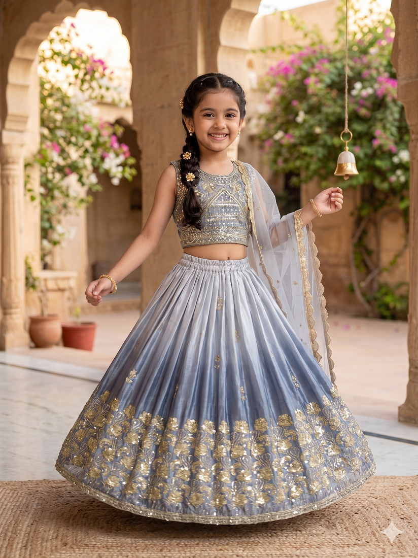Evanik Grey Designer Sequence Embroidered Work Wedding Kids Lehenga Choli - Dista