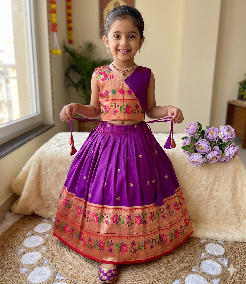 Evanik Purple Kids Paithani Silk Lotus Pattern Lehenga Choli - Dista