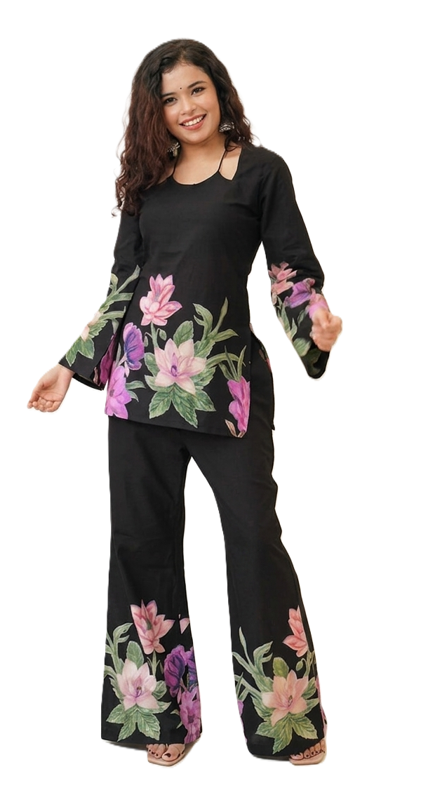Jaitra Apparels Black Pichwai Print Pure Cotton Cord set with Back Dori and Halter Neck Dori - Dista