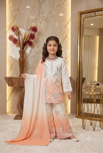 Evanik Peach Designer Party Wear Heavy Natural Crepe Kids Top Palazzo & Dupatta Set - Dista