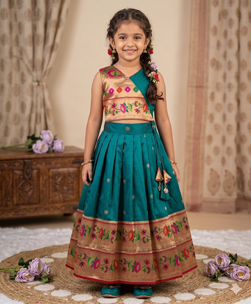 Evanik Blue Kids Paithani Silk Lotus Pattern Lehenga Choli - Dista