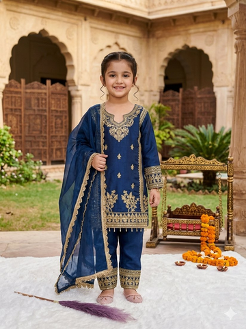 Evanik Blue Designer Party Wear Heavy Silk Kids Top Pant & Dupatta Set - Dista