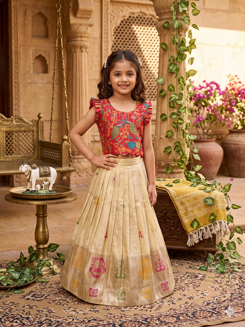 Evanik Girls Cream Soft tissue Butterfly Print Lehenga Choli with 3D Weaving Work - Dista