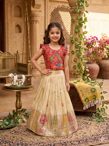 Evanik Girls Cream Soft tissue Butterfly Print Lehenga Choli with 3D Weaving Work - Dista