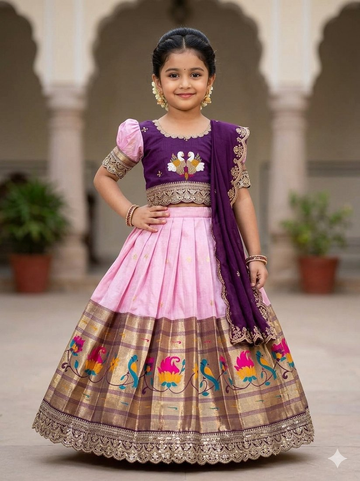 Evanik Purple Kids Paithani Simmer Silk Zari Weaving Pavadai Lehenga Choli Set - Dista