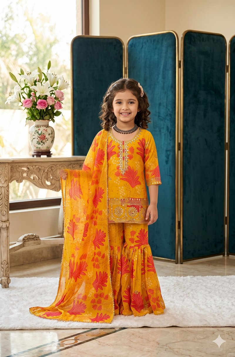 Evanik Yellow Faux Georgette Digital Print With Embroidered Work Kids Sharara Set - Dista